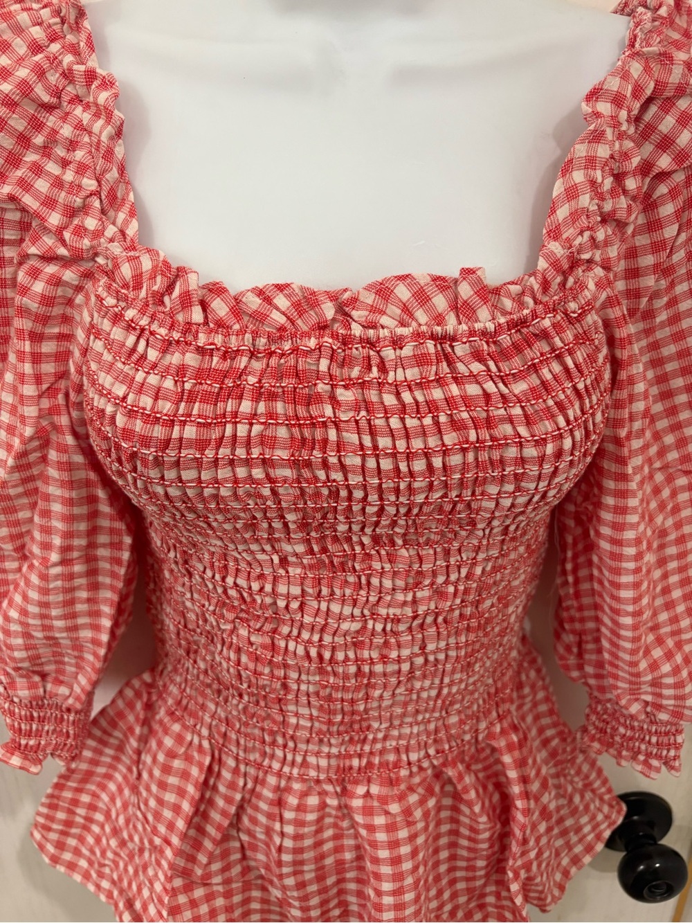 Nicole miller Western country peasant picnic Smocked Red Gingham Peplum Top - Picture 4 of 7